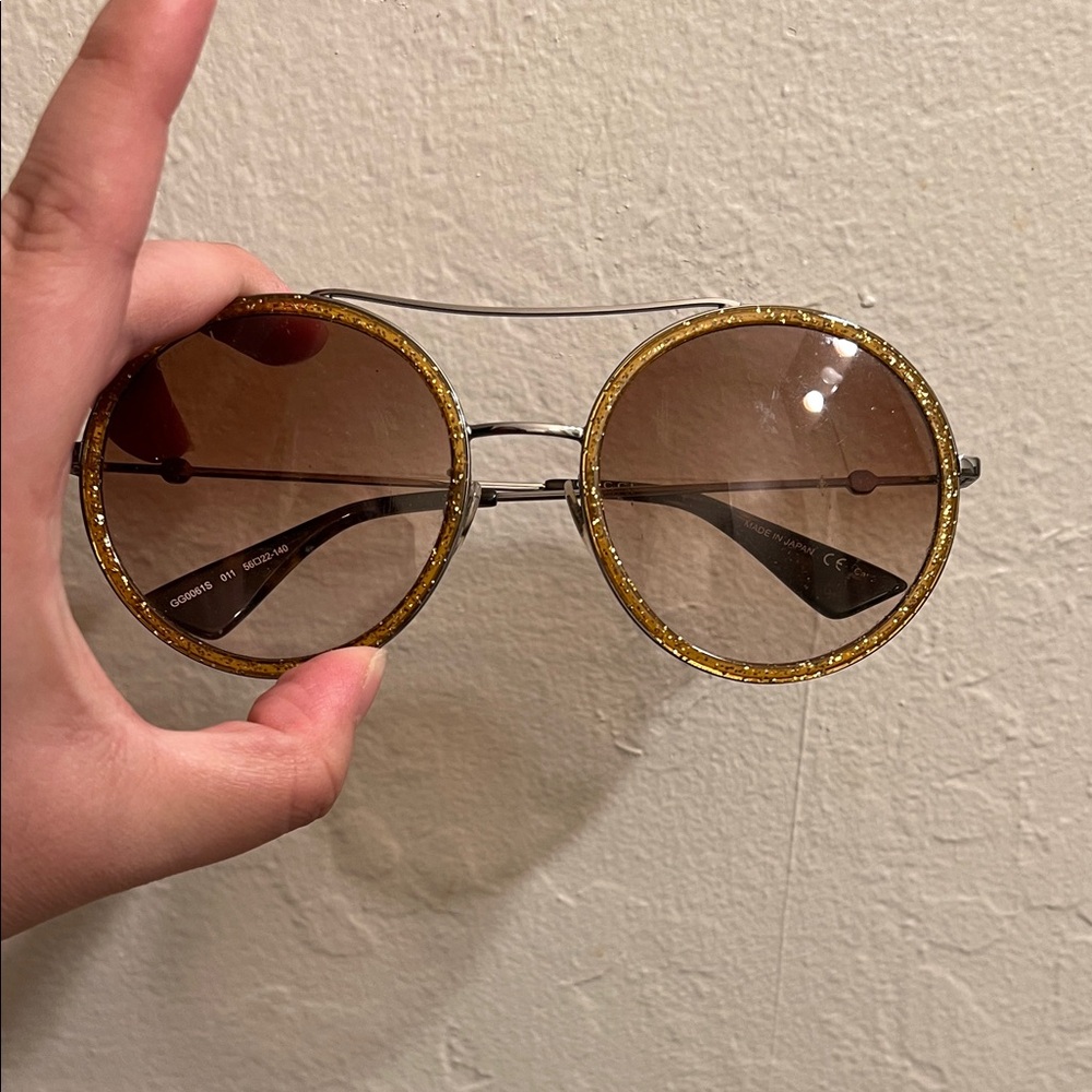 Gucci Gold and Brown Round Sunglasses